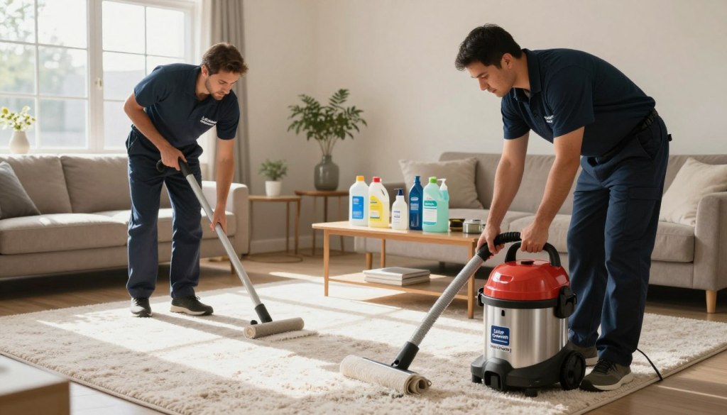 A professional carpet cleaning appointment preparation scene in a well-lit, modern living room. In the foreground, two technicians from "Lake Geneva Carpet Cleaning" in neat uniforms are setting up equipment like a carpet cleaning machine and cleaning supplies. One technician is unrolling a premium quality carpet cleaning hose, while the other organizes various eco-friendly cleaning solutions on a nearby table. In the middle ground, a plush, slightly soiled carpet awaits cleaning, with sunlight streaming through a window, creating a warm, inviting atmosphere. In the background, light-colored walls and tasteful decor emphasize a clean, professional environment. The image conveys a sense of thoroughness and professionalism, showcasing the anticipation of a transformative cleaning experience.