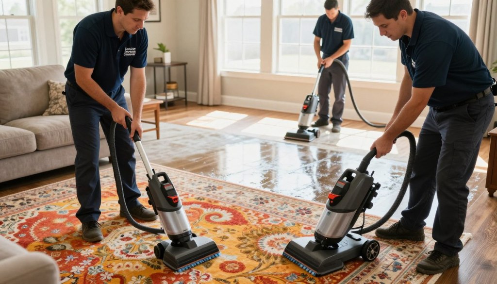 A professional carpet cleaning scene featuring technicians from "Lake Geneva Carpet Cleaning" in action. In the foreground, two technicians are using advanced cleaning equipment, wearing branded uniforms, and displaying teamwork as they clean a vibrant area rug on a plush living room carpet. The middle of the image showcases a sparkling clean floor with visible contrast between the cleaned and uncleaned sections, emphasizing efficiency. In the background, a well-lit room with large windows allowing natural light to pour in, illuminating the entire space and creating a warm, inviting atmosphere. The composition should have a slight overhead angle to capture the technicians' focused expressions and the detailed cleaning process, highlighting professionalism and effectiveness.