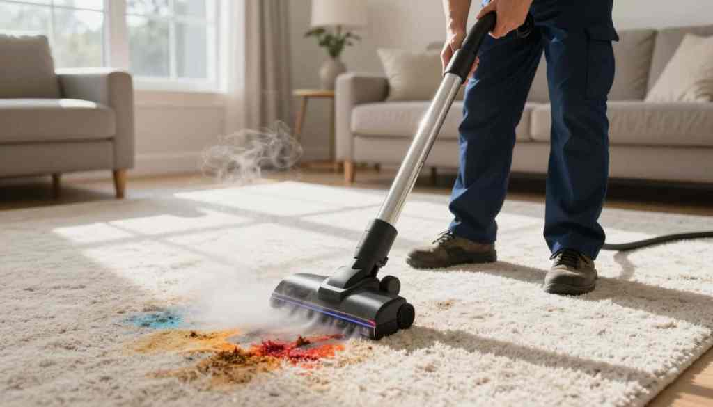 A professional carpet cleaning scene in Lake Geneva, WI, showcasing a technician in a clean uniform, carefully extracting pet stains from a plush, light-colored carpet. The foreground features the technician using advanced cleaning equipment, with steam rising subtly, creating a sense of cleanliness and freshness. In the middle ground, a small section of the carpet reveals vibrant colors as the stains disappear, indicating effective cleaning. The background displays a well-lit, cozy living room with natural sunlight streaming through large windows, enhancing the warm atmosphere. The overall mood should convey professionalism and the importance of maintaining a healthy home environment. "Lake Geneva Carpet Cleaning" branding subtly incorporated in the technician's attire.