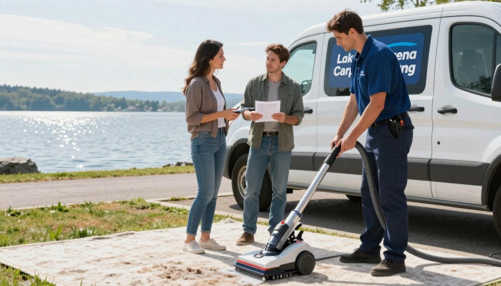 A professional carpet cleaning service in Lake Geneva, WI, showcasing "Lake Geneva Carpet Cleaning" prominently on a bright van parked beside a serene lakeside backdrop. In the foreground, a skilled technician in smart business attire is demonstrating a state-of-the-art carpet cleaning machine on a plush, stained carpet, illustrating the importance of transparency in service. In the middle ground, a clear, open conversation is happening between the technician and a homeowner, both appearing engaged and satisfied, reflecting a detailed estimate being reviewed. The background features the beautiful Lake Geneva, with soft sunlight glistening on the water, captured from a slightly low angle to emphasize the professionalism and inviting atmosphere of the scene. The mood is friendly and trustworthy, highlighting the commitment to quality service.
