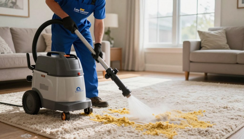 A professional carpet cleaning service in action with a truck-mounted hot water extraction system. In the foreground, a technician, dressed in neat blue coveralls with a logo for "Lake Geneva Carpet Cleaning," is operating the powerful machine, focused and efficient. The middle ground shows a well-maintained living room with a plush, light-colored carpet, partially cleaned, revealing fresh and vibrant fibers beneath. In the background, natural light streams in through large windows, highlighting the cleanliness and comfort of the space. The atmosphere is warm and inviting, showcasing the expertise of the carpet cleaning service. The image is captured with a shallow depth of field, emphasizing the technician and their work while subtly blurring the background, creating an engaged and professional mood.