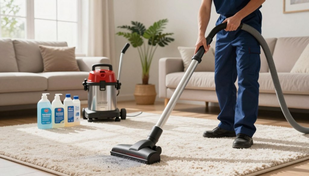 A professional carpet cleaning technician, dressed in a smart uniform with the "Lake Geneva Carpet Cleaning" logo, is seen in the foreground using a high-powered vacuum to extract allergens from a plush, meticulously maintained carpet in a cozy living room. The middle ground features a variety of carpet cleaning equipment, including a sleek steam cleaner and chemical-free cleaning solutions, arranged neatly. In the background, warm sunlight filters through large windows, highlighting the clean and inviting space adorned with soft furnishings and houseplants. The overall atmosphere conveys a sense of cleanliness and allergy relief, showcasing the effectiveness of professional cleaning methods. The image should be brightly lit, with a shallow depth of field to emphasize the carpet cleaning action.