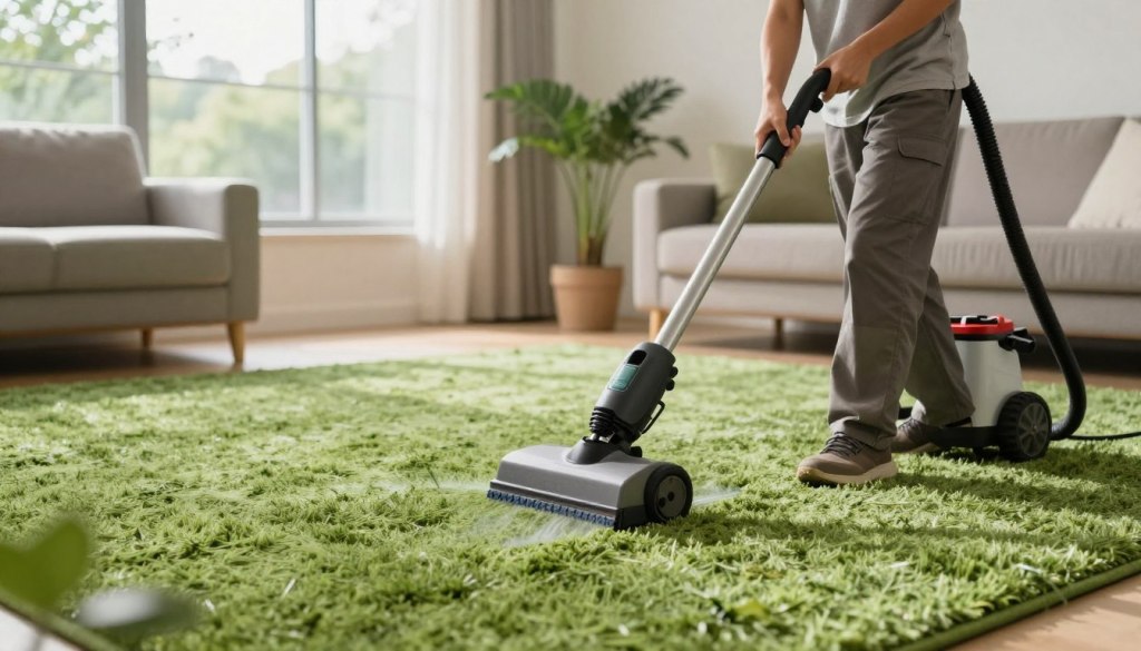 A serene, eco-friendly carpet cleaning scene featuring a professional cleaner in modest, casual work attire using a truck-mounted hot water extraction system. In the foreground, the cleaner is carefully operating the equipment on a vibrant, green carpet with visible natural fibers. In the middle ground, show an inviting living room with large windows allowing soft, natural light to pour in, highlighting the cleanliness and freshness of the space. The background includes plants that add a touch of nature, reinforcing the eco-friendly theme. The atmosphere is calm and reassuring, suggesting safety for families and pets. Emphasize a sense of cleanliness and environmental consciousness. Include the branding of "Lake Geneva Carpet Cleaning" subtly on the equipment without any text overlays.