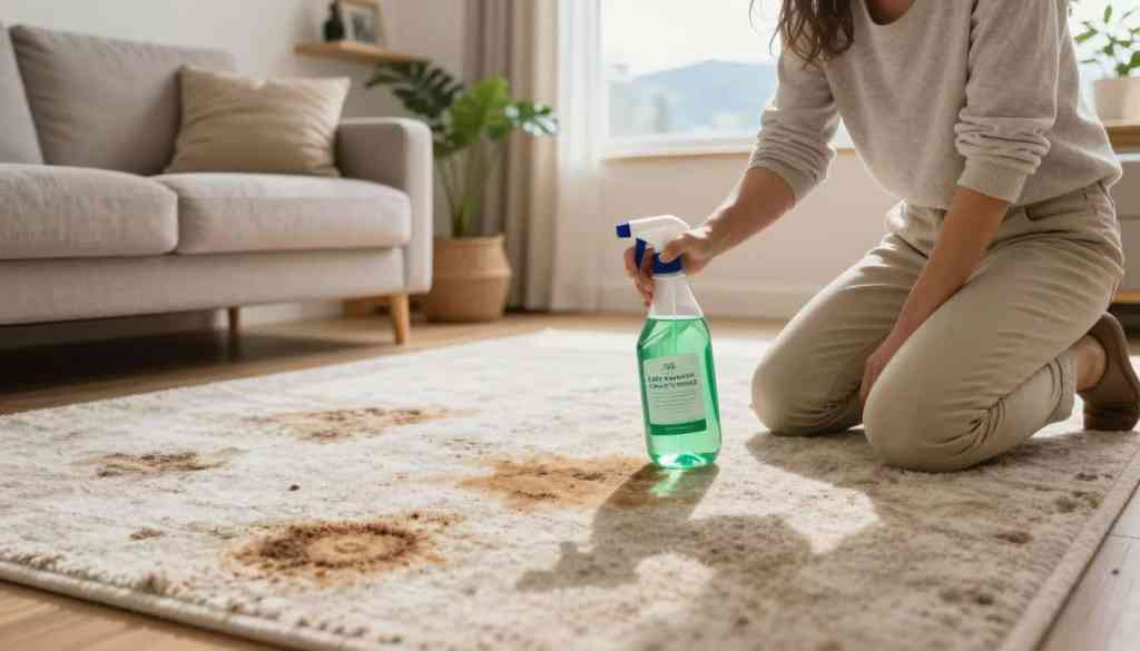 A serene living room in a cozy Lake Geneva home, focusing on a well-worn carpet with visible, old pet stains in various shades. In the foreground, a professional carpet cleaner, dressed in modest casual attire, kneels beside the stains, using a green, eco-friendly cleaning solution in a spray bottle, reflecting the emphasis on avoiding harsh chemicals. Bright, natural light streams through a nearby window, illuminating the scene and creating a warm, welcoming atmosphere. In the background, tasteful décor enhances the comforting environment, including potted plants and inviting furniture. Clear focus on the carpet and the cleaning method highlights the care in stain removal. Please include the brand name "Lake Geneva Carpet Cleaning" subtly within the scene's elements.