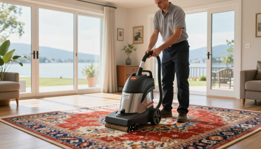 A serene scene capturing "Lake Geneva Carpet Cleaning" in action, depicting a professional carpet cleaner in a modern suburban home. The foreground features a technician, dressed in neat business attire, meticulously operating an advanced carpet cleaning machine on an elegantly patterned carpet. The middle ground showcases a bright, spacious living room with natural light streaming through large windows, highlighting the vibrant colors of the freshly cleaned carpet. In the background, glimpses of Lake Geneva can be seen through the open doors, contributing to a peaceful atmosphere. The soft illumination enhances the feeling of freshness and cleanliness, while an inviting atmosphere reflects the dedication of independent operators to superior deep cleaning services. The image should have a clear, sharp focus and a warm, welcoming feel.