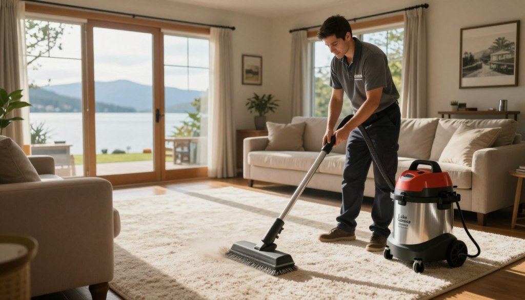 A serene scene depicting a professional carpet cleaning service in action, emphasizing allergen-free techniques. In the foreground, a technician from Lake Geneva Carpet Cleaning, dressed in professional attire, meticulously cleans a plush carpet with eco-friendly equipment, showcasing the process of improving indoor air quality. The middle ground features a cozy Lake Geneva residence with light streaming in through large windows, illuminating the freshly cleaned carpet and surrounding furniture that conveys comfort and cleanliness. In the background, gentle natural scenery of Lake Geneva can be seen through the windows, enhancing the tranquil atmosphere. The lighting is warm and inviting, creating a sense of calm and health, indicative of a cleaner indoor environment. The camera angle is slightly elevated, offering a comprehensive view of the space while focusing on the cleaning process.