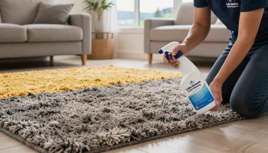 A serene scene of a carpet cleaning demonstration in Lake Geneva, Wisconsin, focusing on a freshly cleaned carpet under soft, diffused lighting. In the foreground, a professional cleaner, dressed in branded attire from "Lake Geneva Carpet Cleaning," applies a pet stain remover product with a spray bottle, emphasizing the importance of proper dwell time. In the middle ground, a vibrant, plush area rug showcases the difference between cleaned and uncleaned sections, highlighting the deep fibers of the carpet. The background features a cozy, well-lit living room with hints of Lake Geneva's beautiful natural scenery visible through a window. The atmosphere is calm and informative, conveying a sense of professionalism and care in home cleaning.