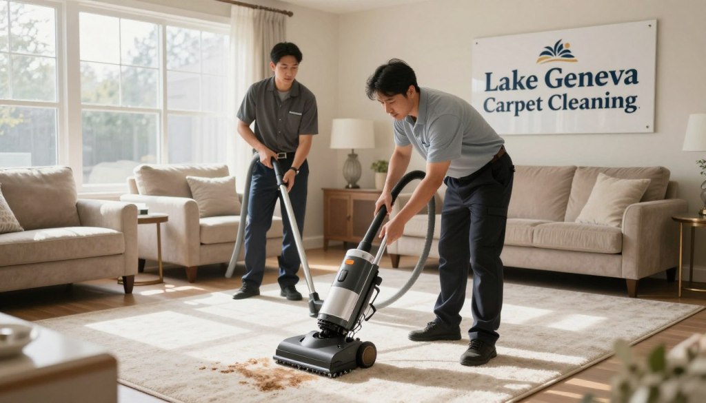 A team of local carpet cleaning experts, comprised of two professionals in business attire, is diligently working in a well-lit living room setting. One expert is using a high-tech carpet cleaning machine, while the other inspects the carpet for stains. They are surrounded by clean, elegant furniture and large windows allowing natural light to flood the room, enhancing the warm and inviting atmosphere. In the background, a sign reading "Lake Geneva Carpet Cleaning" is prominently displayed on the wall, showcasing their brand. The image captures a sense of professionalism and attention to detail, reflecting the importance of choosing local experts over roadside services. The angle is slightly elevated, providing a clear view of the process, while soft shadows add depth to the scene.