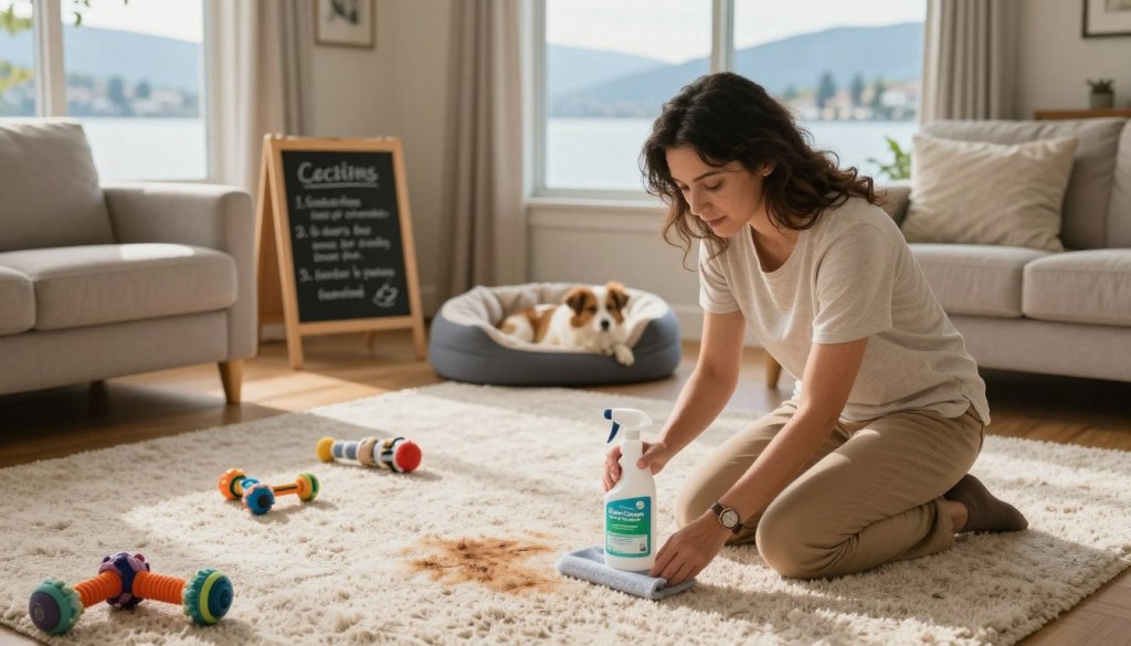 A visually appealing depiction of a cozy, well-lit living room in a Lake Geneva home, showcasing a plush, light-colored carpet with a few scattered pet toys. In the foreground, a knowledgeable pet owner kneels beside a pet stain, dressed in modest casual clothing, demonstrating carpet cleaning techniques using eco-friendly products labeled "Lake Geneva Carpet Cleaning." The middle ground features a variety of tips visually represented, such as a small chalkboard with cleaning instructions and a clean, fresh pet lounging nearby. The background shows a view of Lake Geneva through a window, basked in warm, natural light, creating a serene and inviting atmosphere. Focus on the details with a soft depth of field, emphasizing the owner and the cleaning process while maintaining a calm, helpful mood.