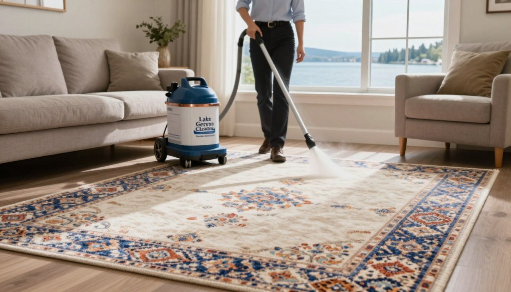 A visually striking image showcasing a clean, well-maintained carpet in a cozy living room setting. In the foreground, a stylish area rug features vibrant patterns with a slight sheen, symbolizing effective carpet stain prevention. The middle ground presents a professional carpet cleaner from "Lake Geneva Carpet Cleaning," dressed in smart business attire, demonstrating a stain-resistant spray application. The background includes a view of Lake Geneva through a large window, casting gentle natural light across the room. The atmosphere is inviting and positive, conveying the message of long-term carpet maintenance and care. The lighting should be warm and soft, creating a pleasant ambiance, capturing the essence of a clean and pristine home environment.
